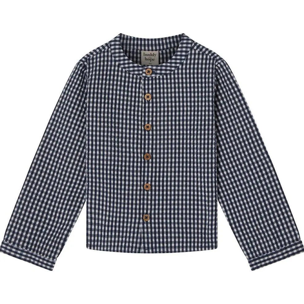 August LS Skjorta Seersucker Navy Check