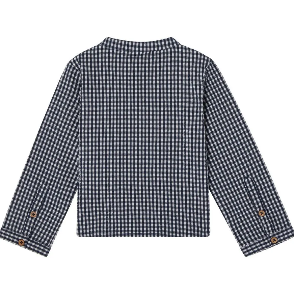 August LS Skjorta Seersucker Navy Check