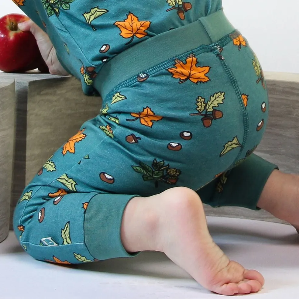 Baby leggings with Fall leaves Petroleum Green