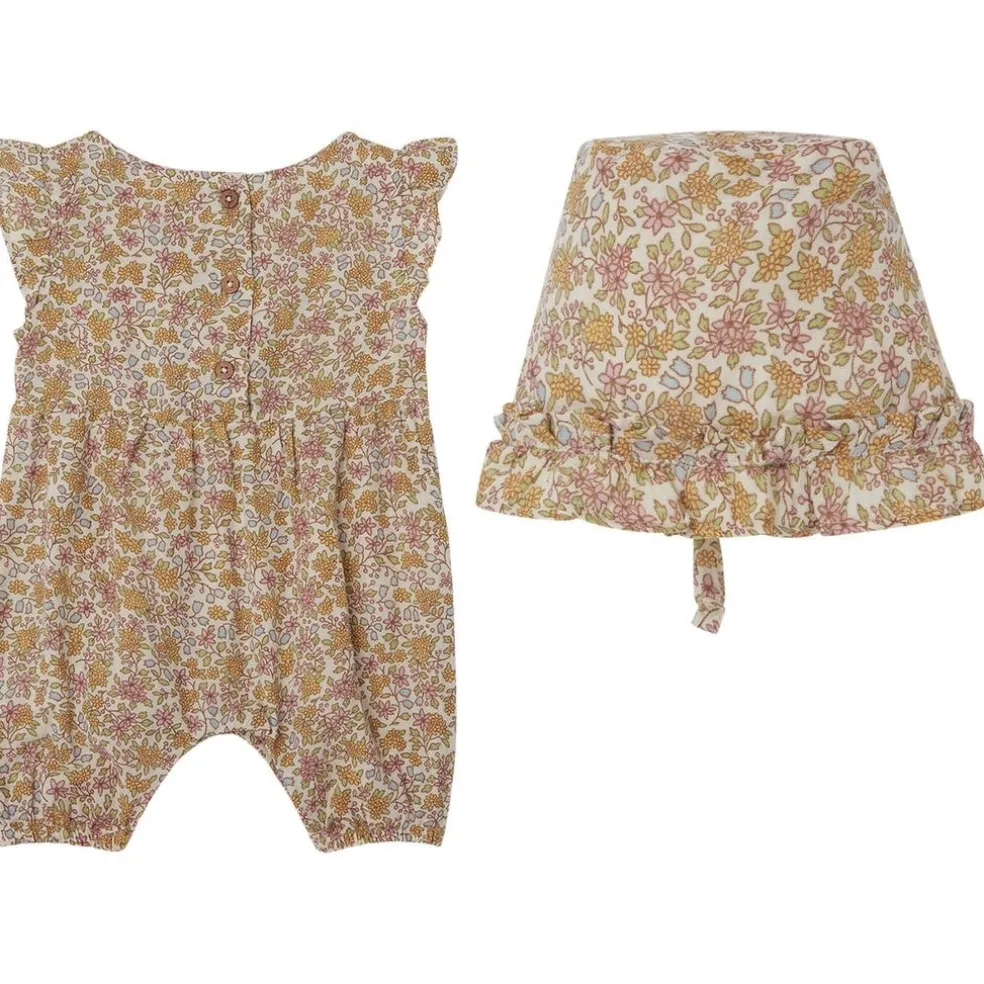 GOTS Sigrid Blommig Romper Med Solhatt Wildflowers