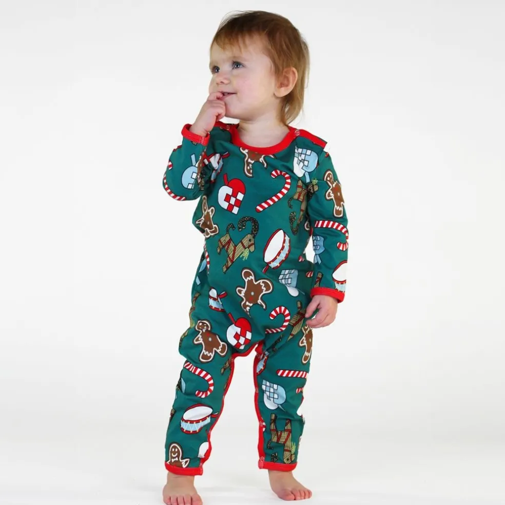 Onesie i Petroleum Green med juldekorationer