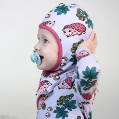 Reversible balaclava with hedgehogs and Fall leaves Orchid Petal