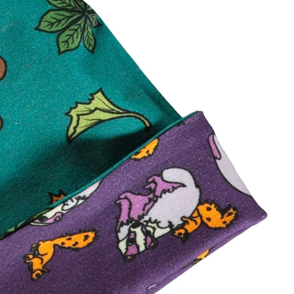 Reversible beanie with badger, fox and Fall leaves Loganberry