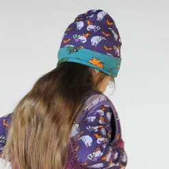 Reversible beanie with badger, fox and Fall leaves Loganberry