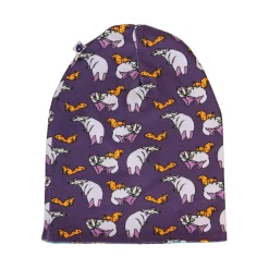 Reversible beanie with badger, fox and Fall leaves Loganberry