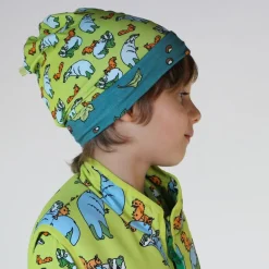 Reversible beanie with badger, fox and Fall leaves Pear Green