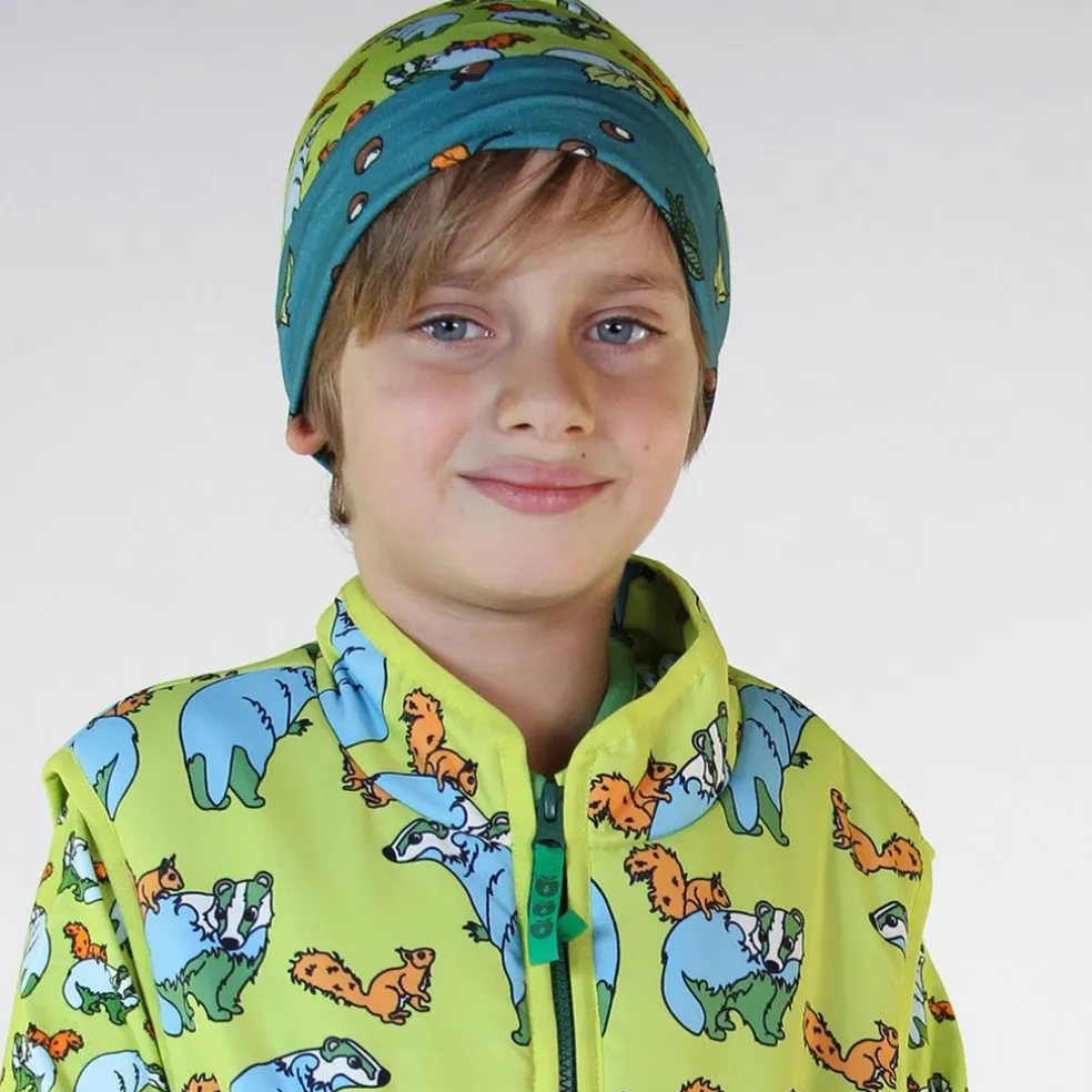 Reversible beanie with badger, fox and Fall leaves Pear Green