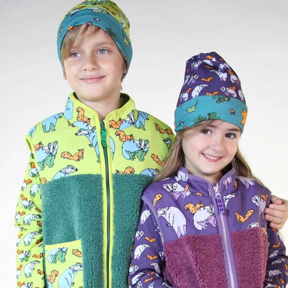 Reversible beanie with badger, fox and Fall leaves Pear Green